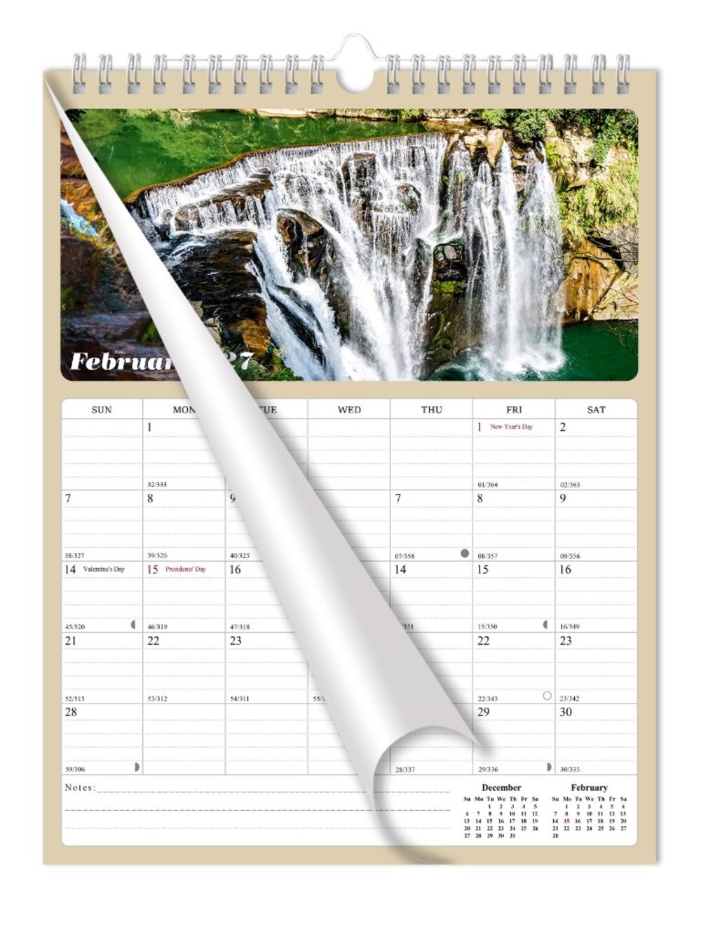 2026 - 2027 Wall Calendar Spiral-bound Twin - 18 Months (Waterfalls) 11" x 17"